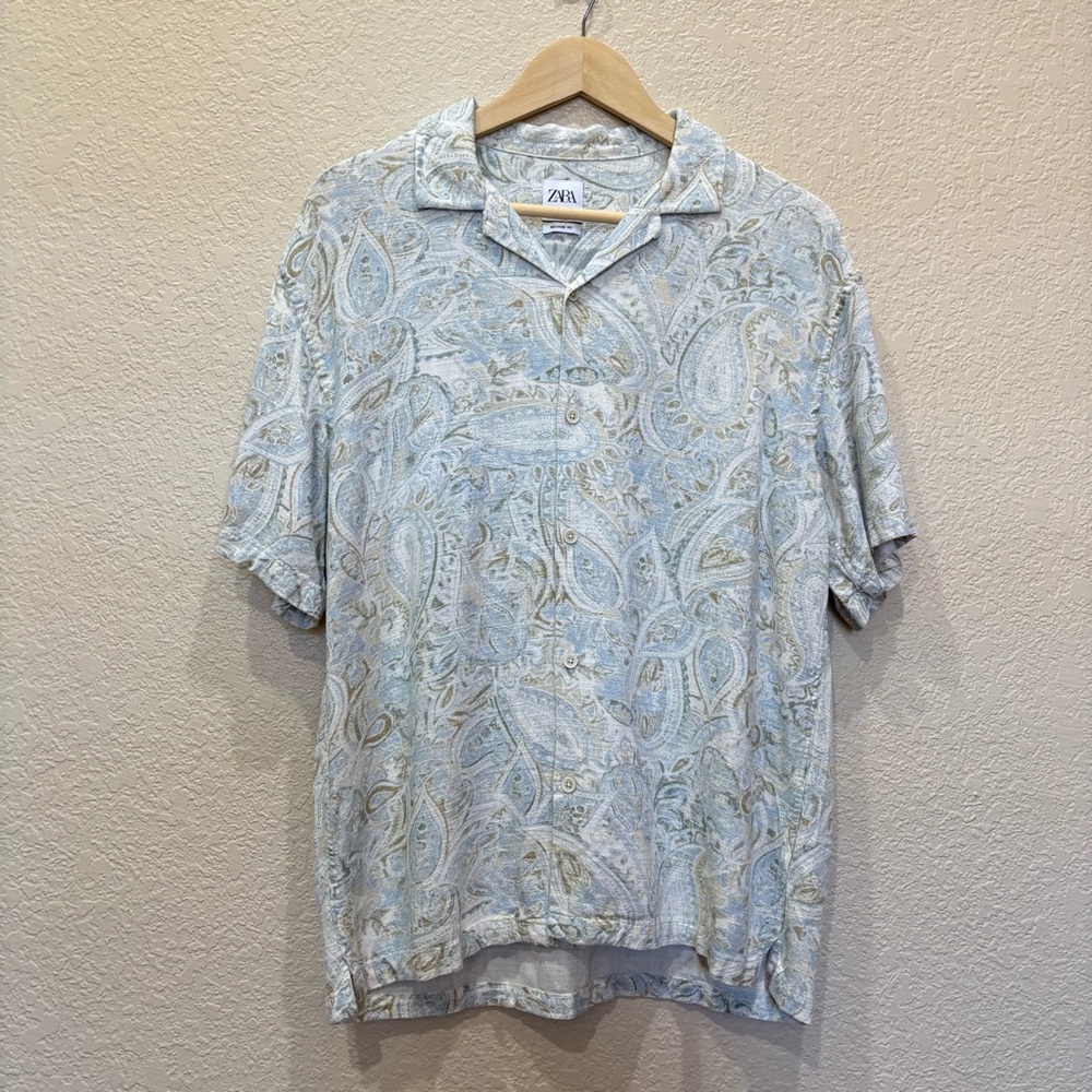 Zara Short Sleeve Button Shirt Blue Paisley Print Relaxed Fit Men’s Large Linen